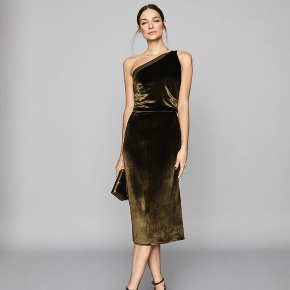 NWT Reiss Eden Velvet Khaki Olive Green One Shoulder Midi Dress